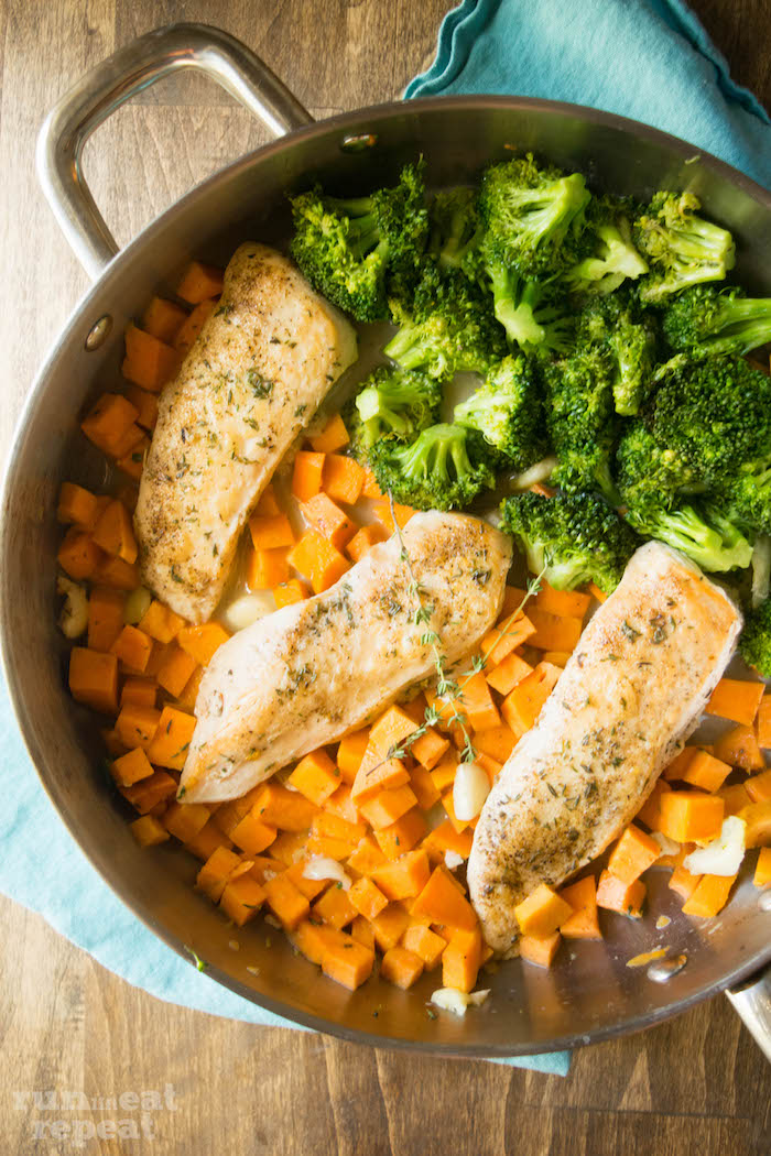 Skillet Chicken Veggies Sweet Potatoes with Creamy Light Garlic Sauce