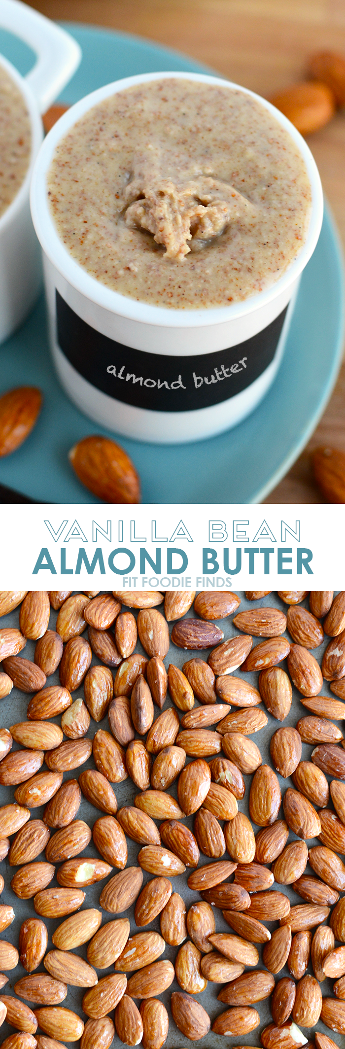 Make your own vanilla bean almond butter with just a few whole ingredients and a food processor. No additives involved or refined sugars!