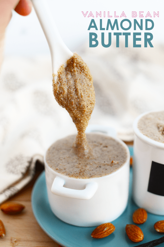 Make your own vanilla bean almond butter with just a few whole ingredients and a food processor. No additives involved or refined sugars!