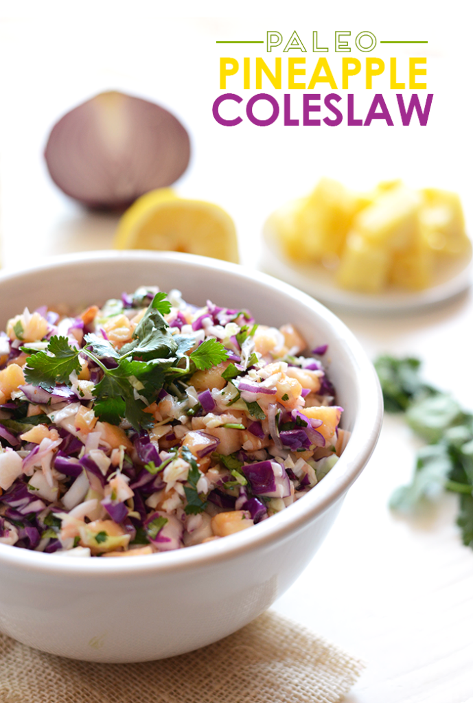 This clean-eating, paleo coleslaw is made with homemade mayo, a mixture of delicious and colorful vegetables and a pop of pineapple for sweetness!