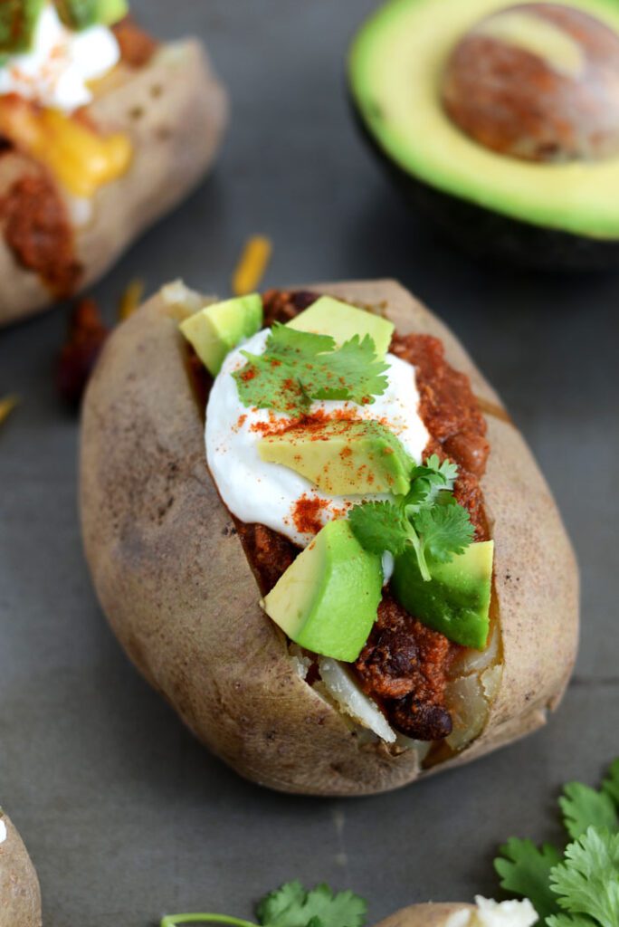 Crock-Pot Three Bean Chili Baked Potatoes