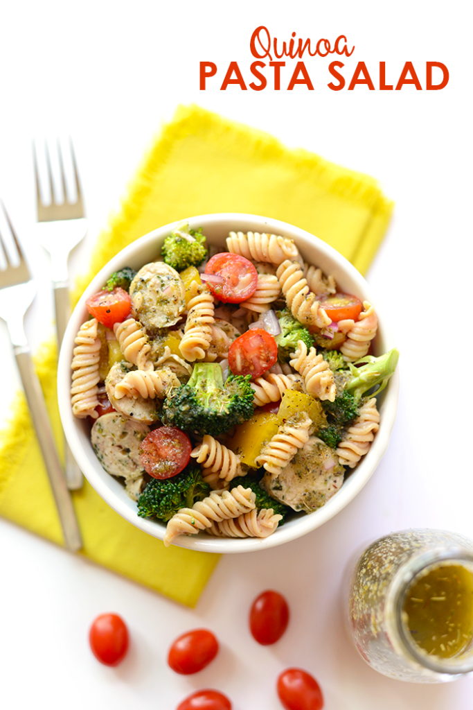 Make this quinoa pasta salad with seasonal veggies, homemade Italian dressing, and tons of spices for a delicious summertime salad that doubles as dinner!