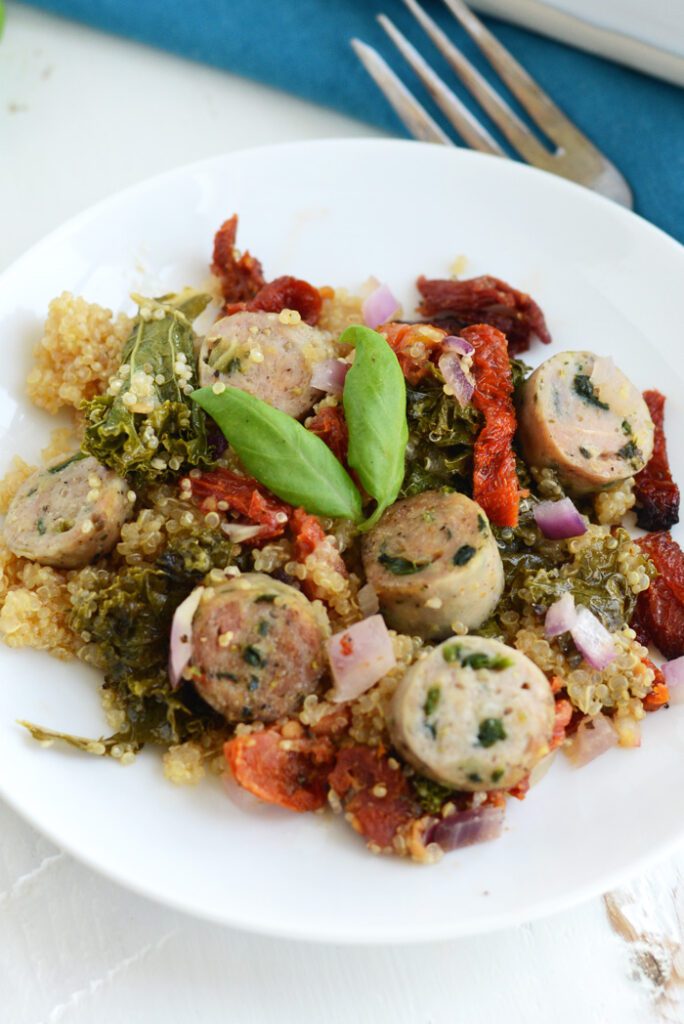 Sun-Dried Tomato, Kale, and Chicken Sausage Quinoa Bake #glutenfree