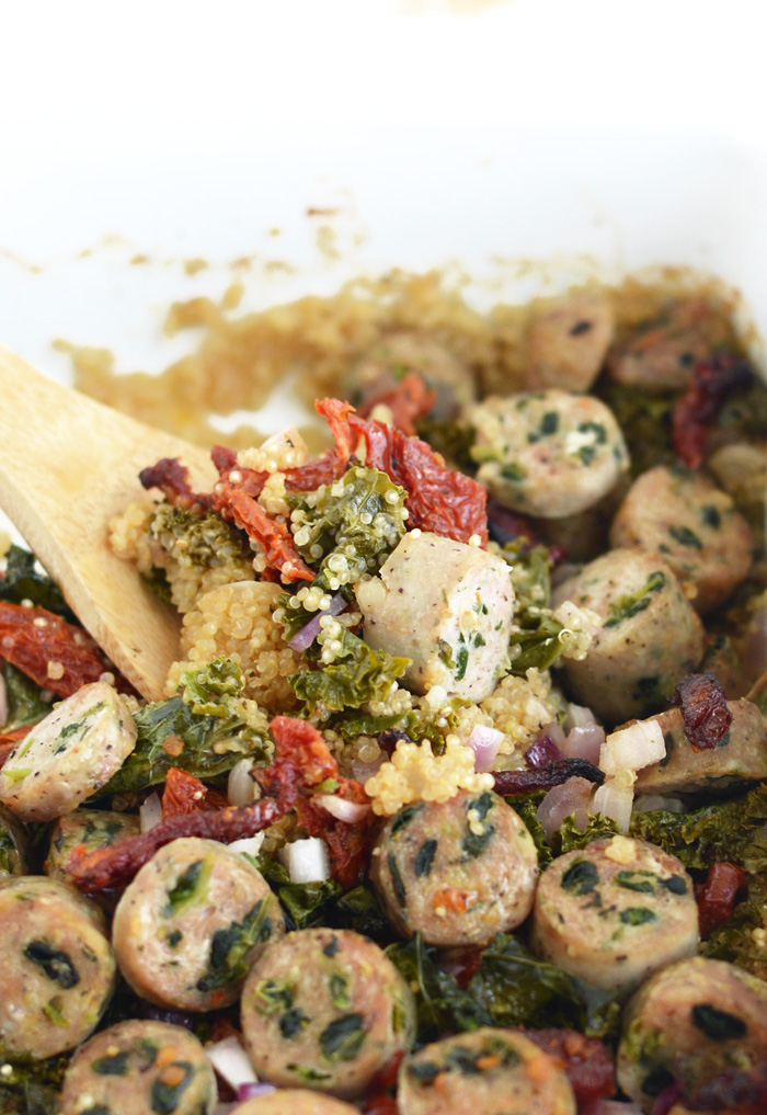 Sun-Dried Tomato, Kale, and Chicken Sausage Quinoa Bake #glutenfree