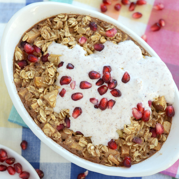 Apple Cinnamon Baked Oatmeal with Pomegranates and Cinnamon Leche Sauce