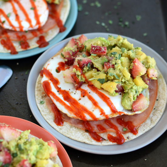 Ham and Egg Tostadas with Strawberry Peach Avocado Smash