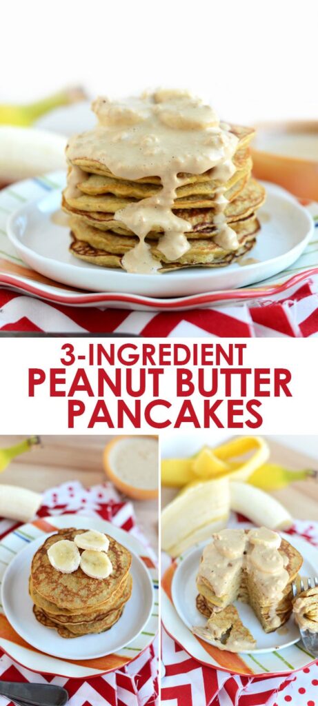 Make these peanut butter pancakes with just 3-ingredients. They're low fat and high protein because they call for peanut flour, not peanut butter!