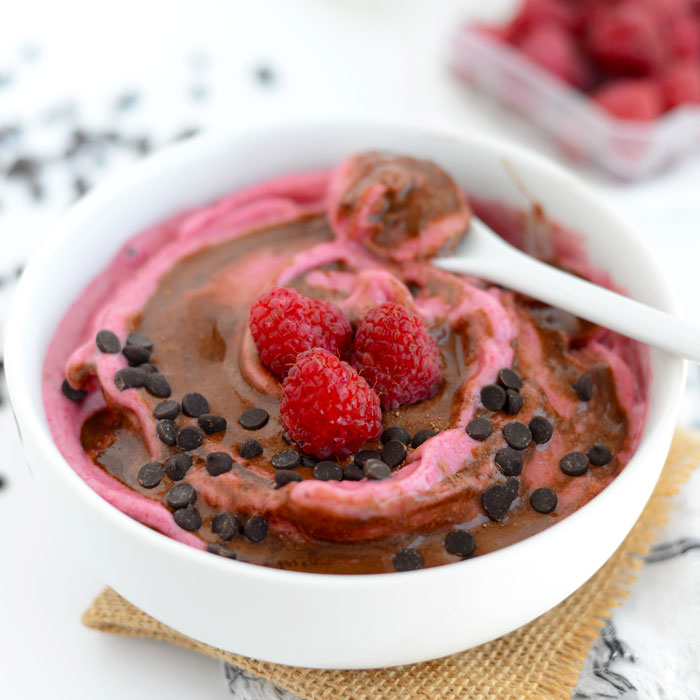 Raspberry Banana Soft Serve with Chocolate Swirl