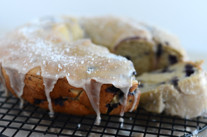 Gluten Free Wild Blueberry Bundt Cake with Almond Cinnamon Glaze