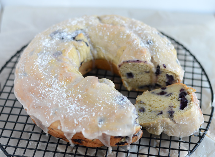 Gluten Free Wild Blueberry Bundt Cake with Almond Cinnamon Glaze