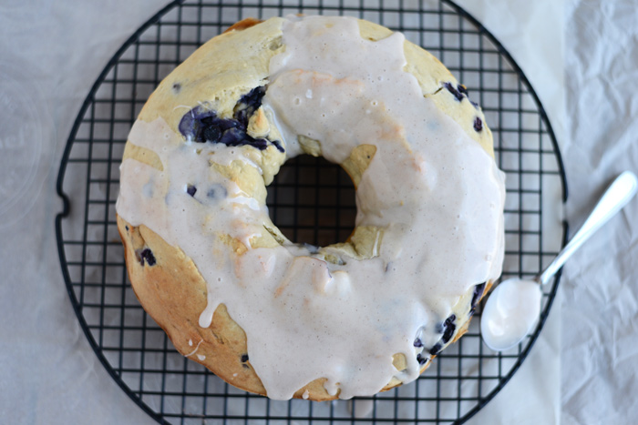 Gluten Free Wild Blueberry Bundt Cake with Almond Cinnamon Glaze