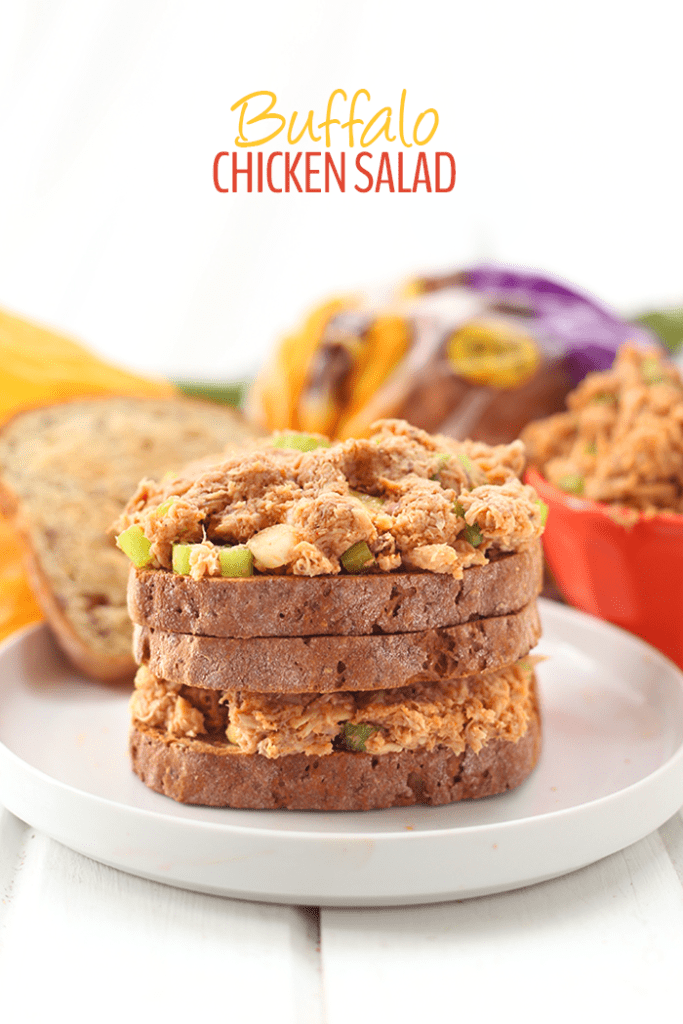 A simple, easy and healthy lunch recipe made with organic shredded chicken, celery and a zesty paleo buffalo sauce. Perfect in a sandwich or on a celery log, this salad is loved by kids and adults alike!