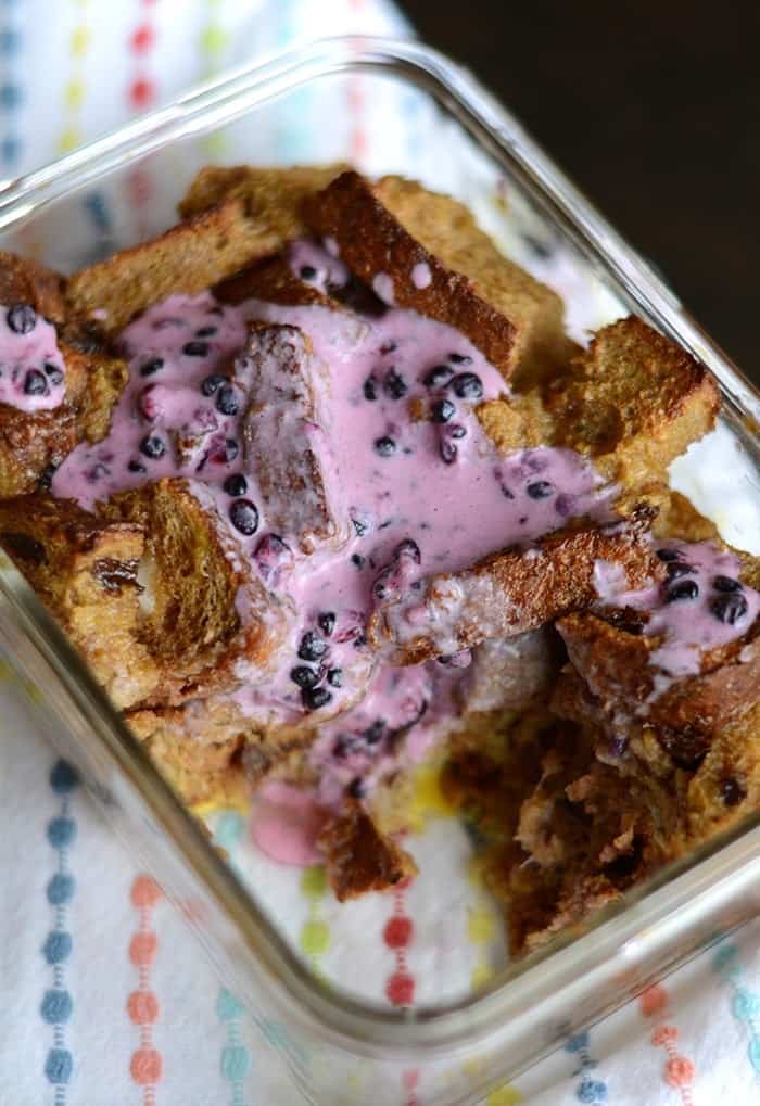 Coconut Cinnamon Raisin French Toast Bake with Blackberry Greek Yogurt Sauce