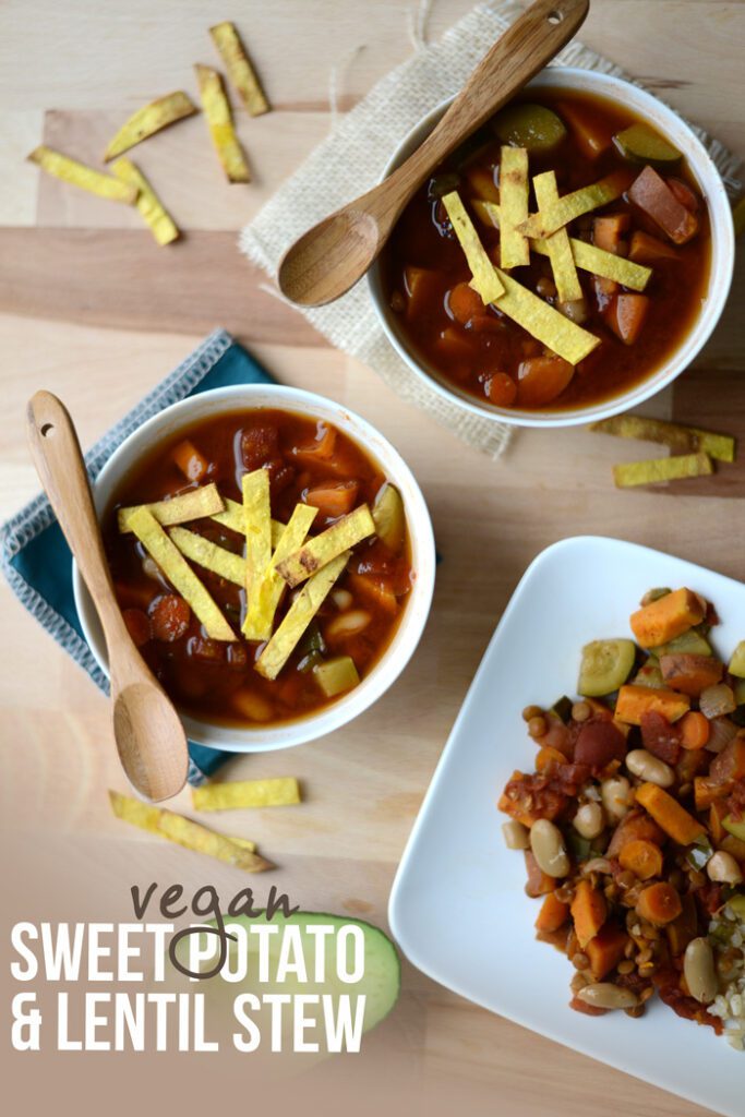 Vegan Sweet Potato Lentil Stew with Homemade Limey, Crunchy, Salty Tortilla Strip Soup Toppers