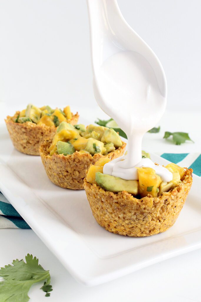 Mango-Avocado Plantain Cups with Coconut Whipped Cream