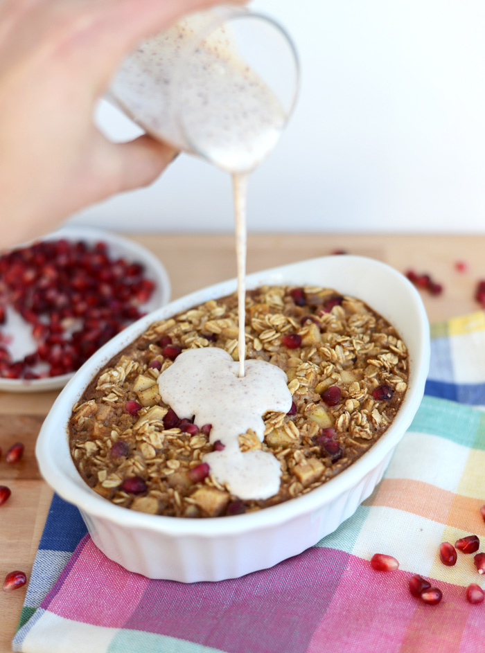 Apple Cinnamon Baked Oatmeal with Pomegranates and Cinnamon Leche Sauce