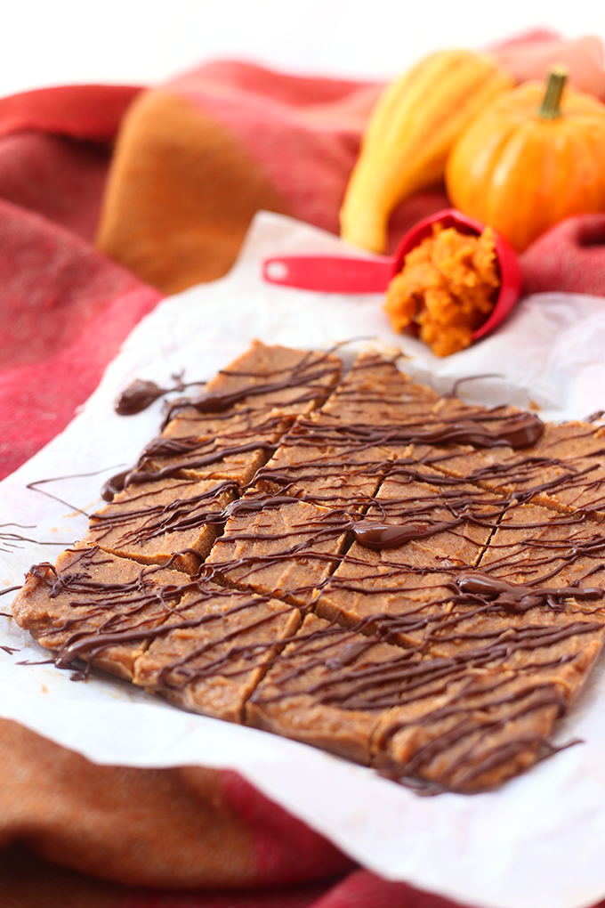 Healthy Pumpkin Spice Freezer Fudge made with just 5-Ingredients! Free of refined sugar, dairy and gluten, this healthy dessert recipe will make you fall in love with fall.