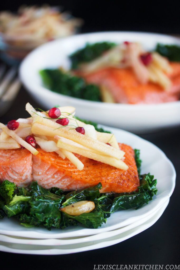 Roasted Salmon with Apple Fennel Salad over Garlicky Kale + 5 More Ways to Detox Your Life in 2015! #wholefoodies