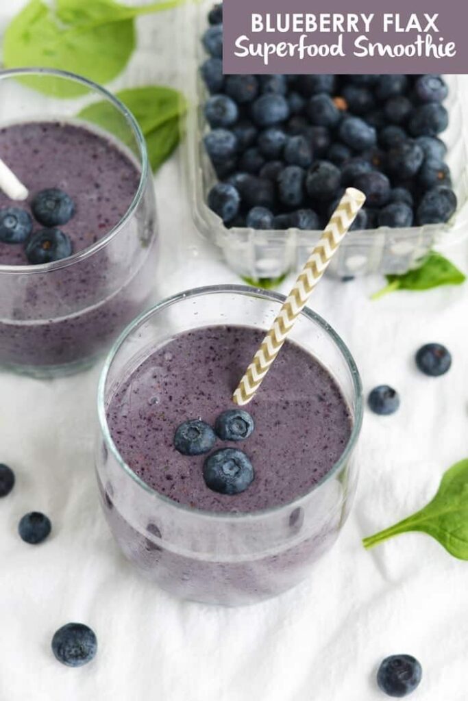 A powerhouse superfood smoothie made with blueberries, flax seed, spinach, and coconut milk. 