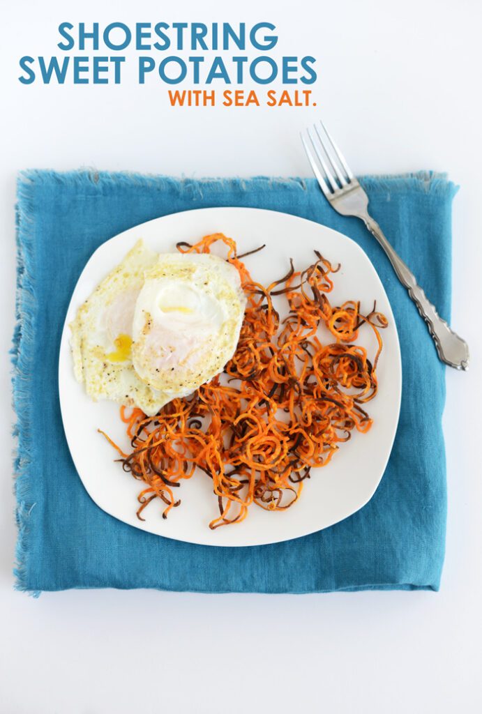 Shoestring Sweet Potatoes with Sea Salt and Fried Eggs #recipe #healthy