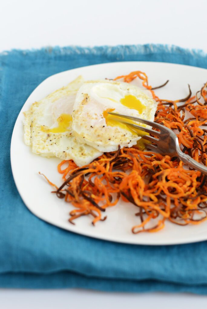 Shoestring Sweet Potatoes with Sea Salt and Fried Eggs #recipe #healthy