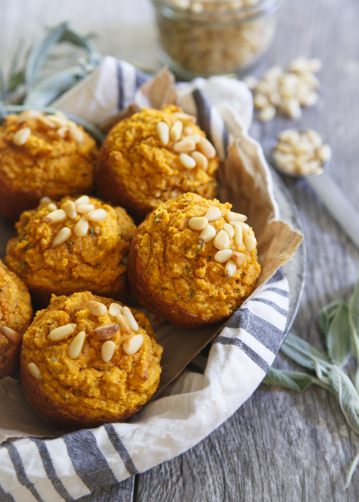 Paleo toasted pine nut herb pumpkin muffins are a savory side perfect for serving with your fall soup, stew or chili. Maybe even replace the Thanksgiving biscuits this year with a basket of these!