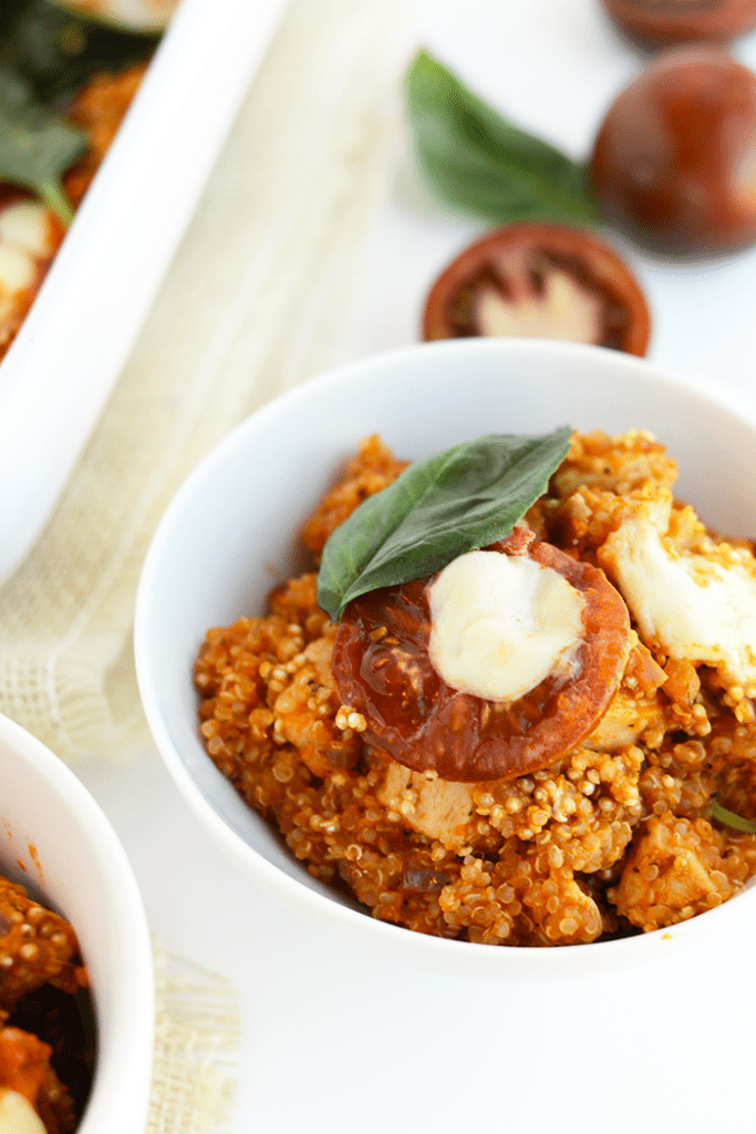 This Tuscan Chicken Quinoa Bake is packed with Italian flavors, kid-friendly, and has  a whopping 40g protein per serving!