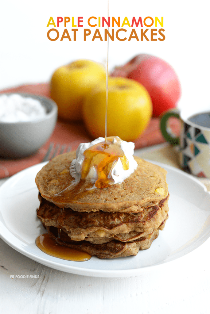 These Gluten-Free Apple Cinnamon Oat Pancakes are hearty and delish. They are made with 100% whole grains, no refined sugars, and real apple chunks! 