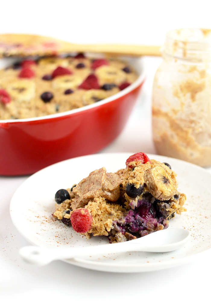 Spruce up your breakfast with this Banana Berry Baked Oatmeal. It's slow cooked in the oven and packed with flavor from fruit and a touch of honey!