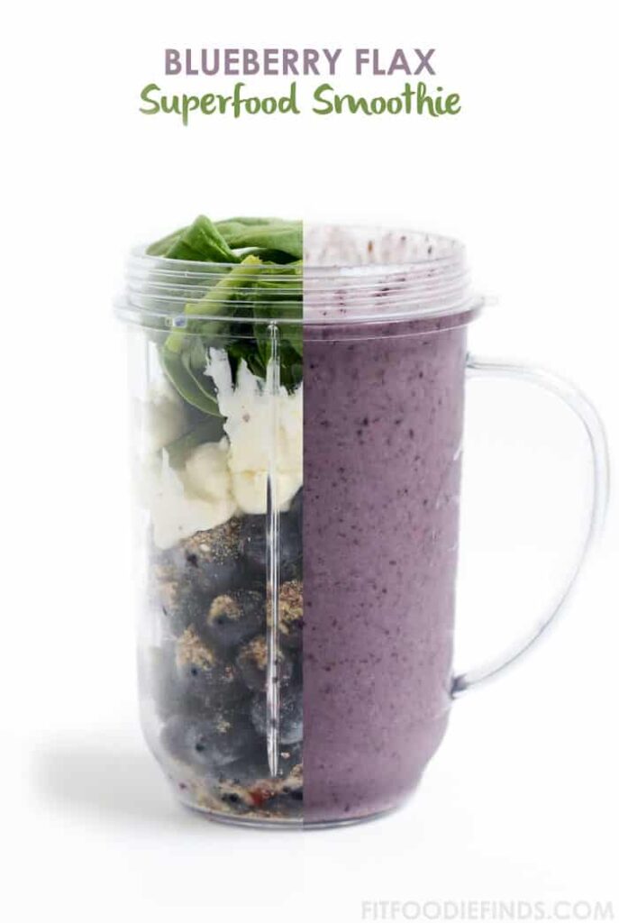 A powerhouse superfood smoothie made with blueberries, flax seed, spinach, and coconut milk.