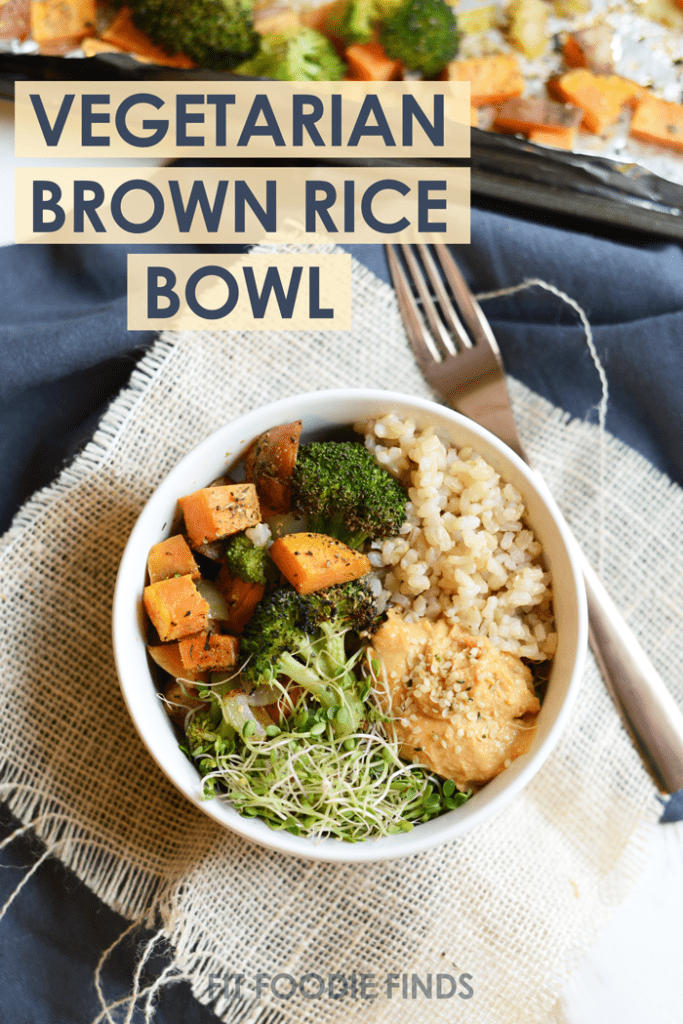 Vegetarian Brown Rice Bowl with roasted veggies, hummus, hemp seeds, and sprouts!