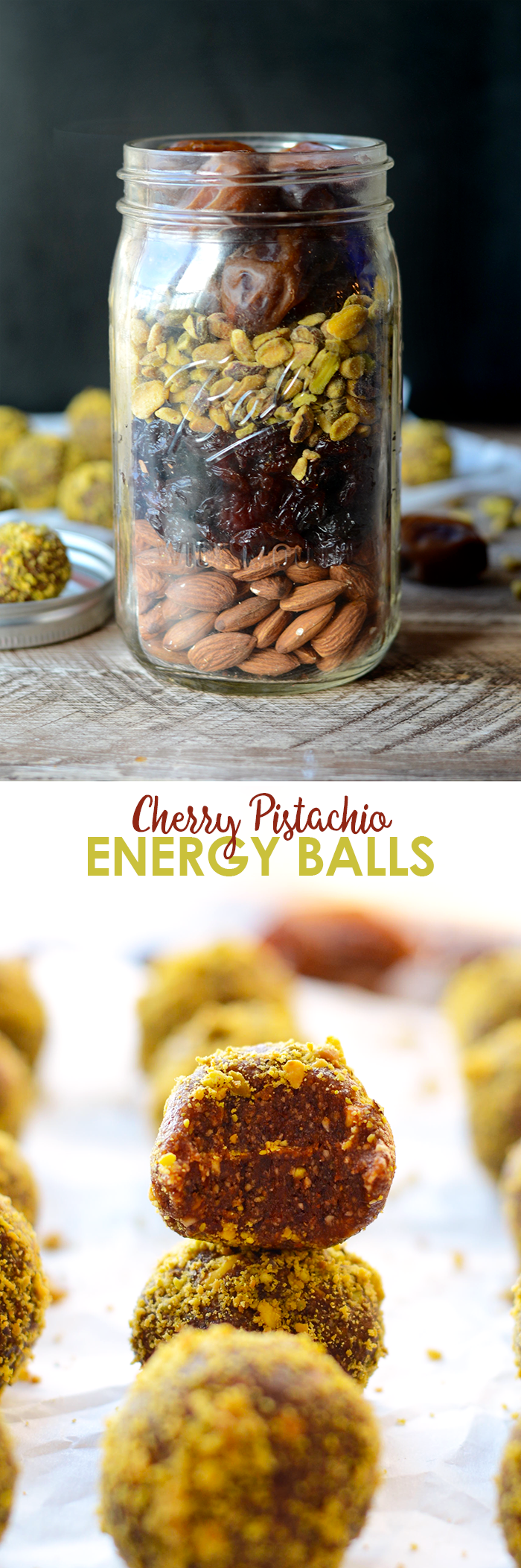 Give the gift of homemade this holiday season and layer up the ingredients for these delicious Cherry Pistachio Energy Balls in a your favorite mason jar!