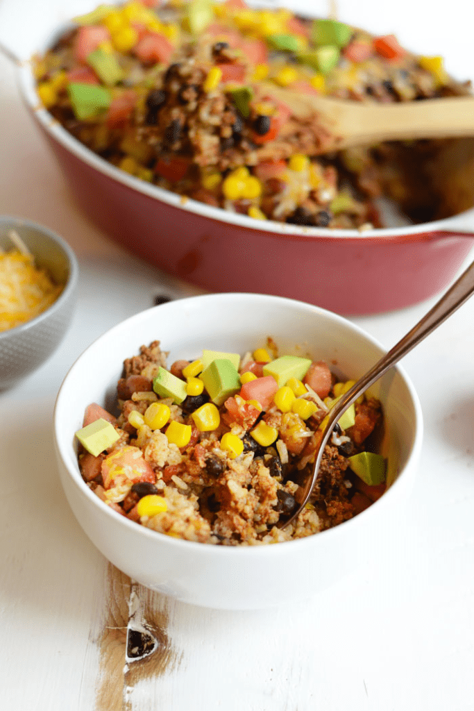 Healthy Chicken Burrito Bowl Casserole- an easy, one-pot meal!