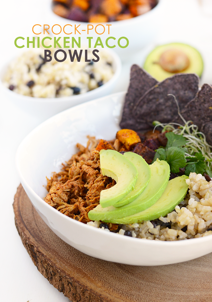 Make these clean eating crock-pot chicken taco bowls at the beginning of the week to meal prep for the days to come! This recipe is gluten and preservative free!