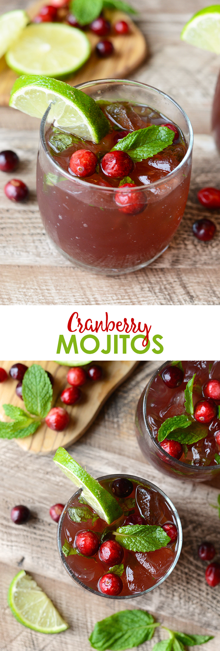 Get festive this winter and make these delicious and refreshing Cranberry Mojitos! They're made with all the classic mint mojito flavors with a splash of cranberry juice.