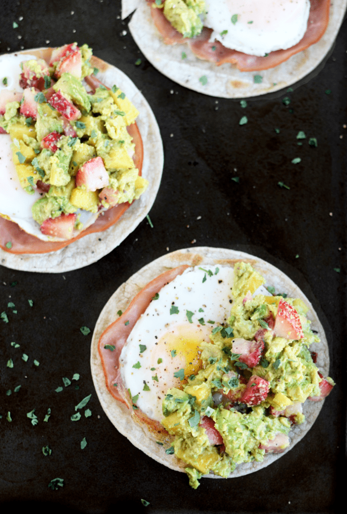 Ham and Egg Tostadas with Strawberry Peach Avocado Smash