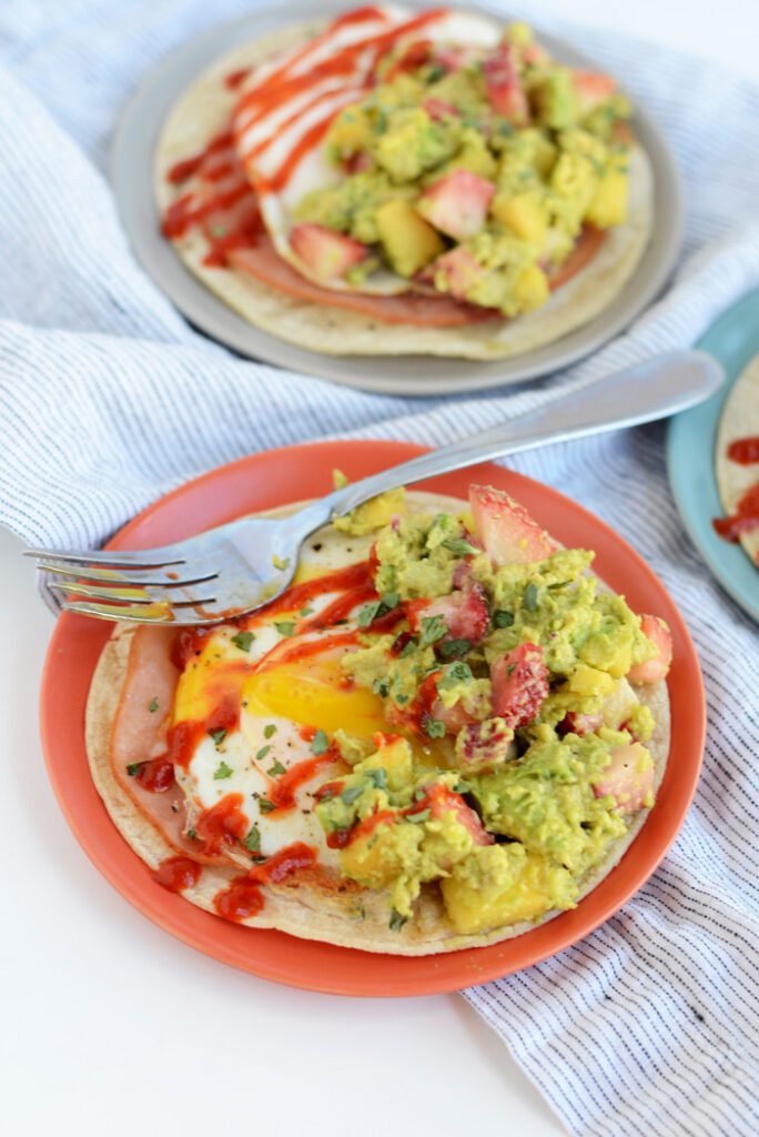 Ham and Egg Tostadas with Strawberry Peach Avocado Smash 