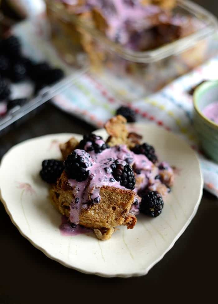 Coconut Cinnamon Raisin French Toast Bake with Blackberry Greek Yogurt Sauce