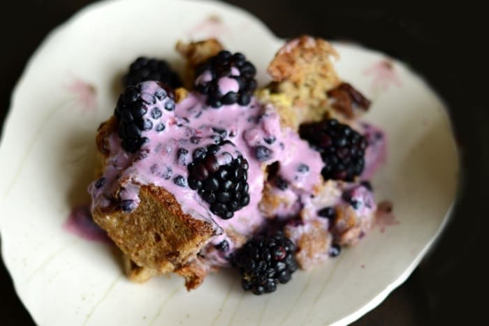 Coconut Cinnamon Raisin French Toast Bake with Blackberry Greek Yogurt Sauce