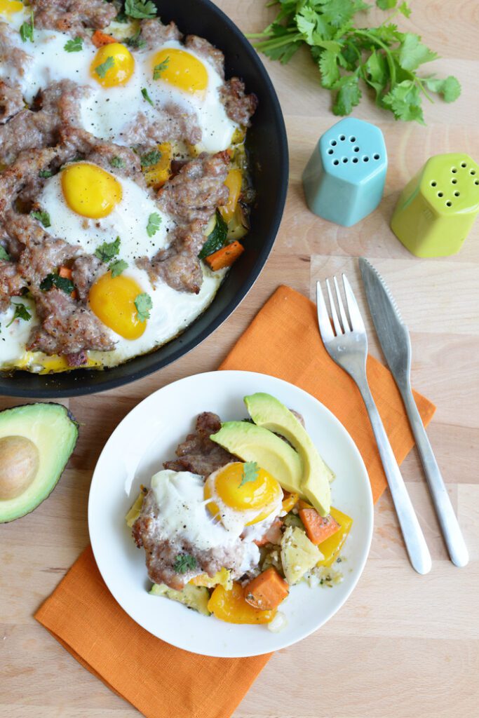 Garden Veggie Scramble with Breakfast Sausage and Baked Eggs