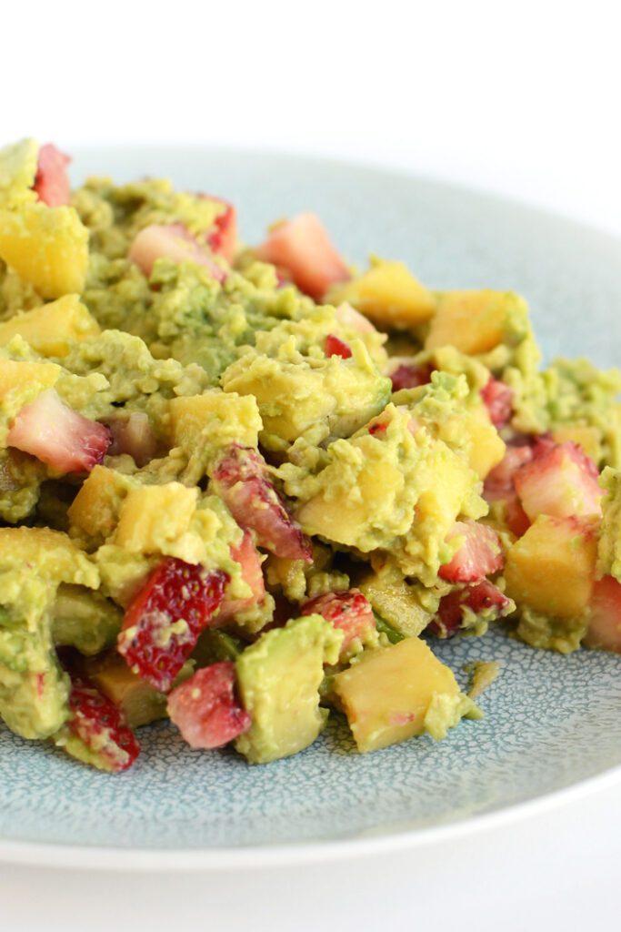 Ham and Egg Tostadas with Strawberry Peach Avocado Smash