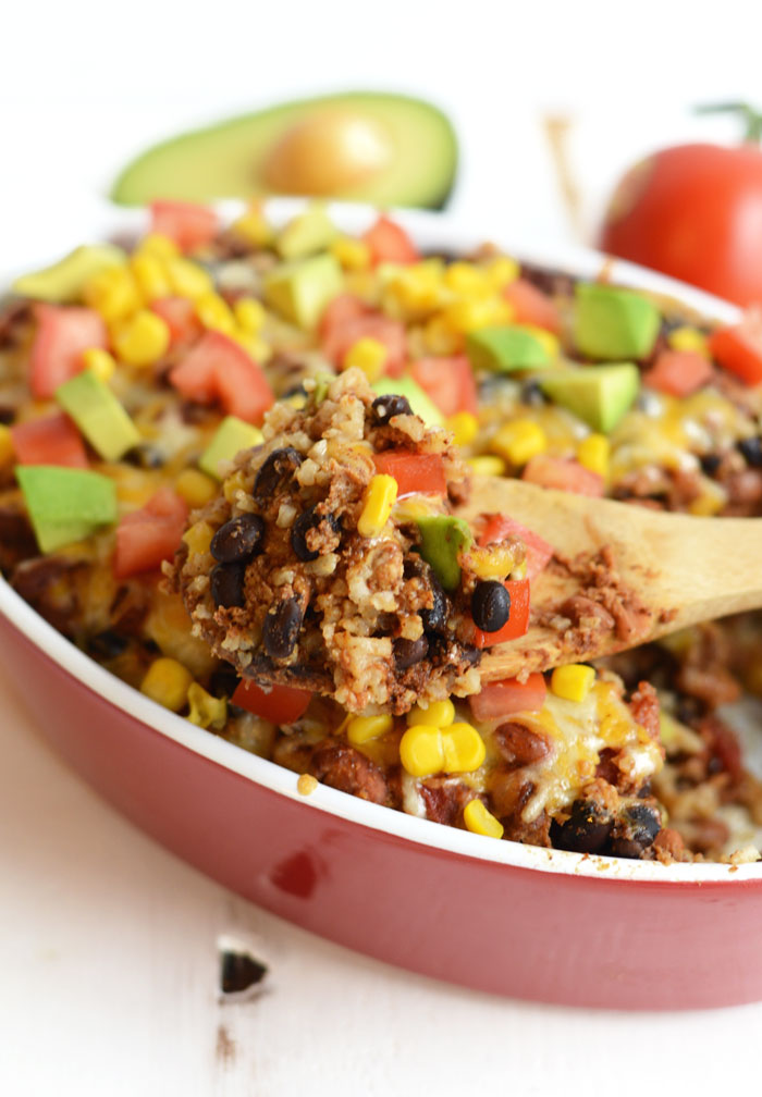 Healthy Chicken Burrito Bowl Casserole- an easy, one-pot meal!