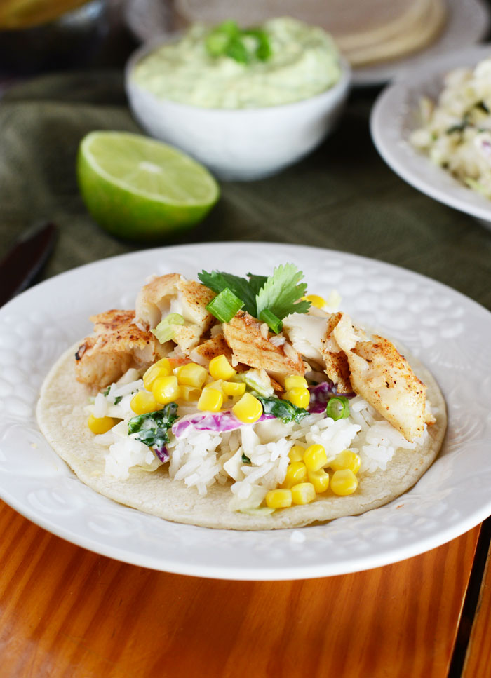 Jerk Fish Tacos with Asian Slaw and Avocado Lime Sauce