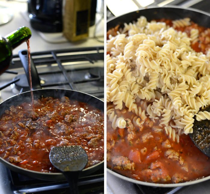 Gluten Free Sausage Pizza Pasta made with brown rice noodles and homemade meat sauce.