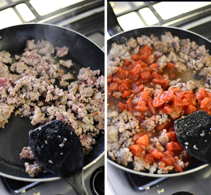 Gluten Free Sausage Pizza Pasta made with brown rice noodles and homemade meat sauce.