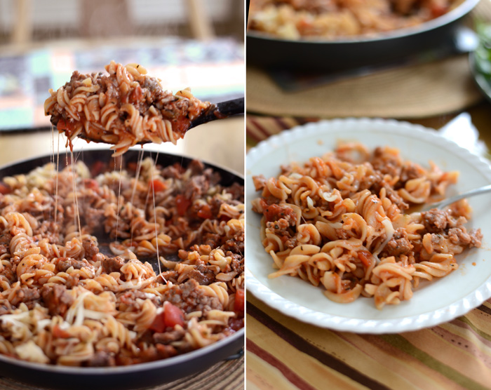 Gluten Free Sausage Pizza Pasta made with brown rice noodles and homemade meat sauce.