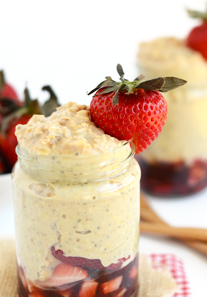 These peanut butter and jelly overnight oats are the perfect way to start off your morning! They're packed with fiber, protein, and a whole lotta lovin'.