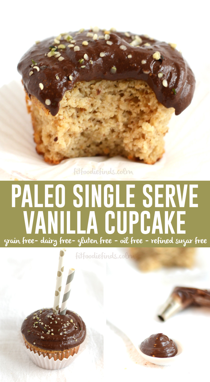 Single Serve #Paleo Vanilla Cupcake with Chocolate Protein Frosting #GlutenFree via FitFoodieFinds.com