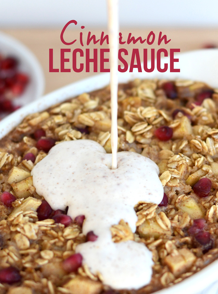 Apple Cinnamon Baked Oatmeal with Pomegranates and Cinnamon Leche Sauce