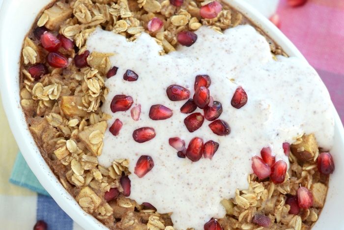 Apple Cinnamon Baked Oatmeal with Pomegranates and Cinnamon Leche Sauce